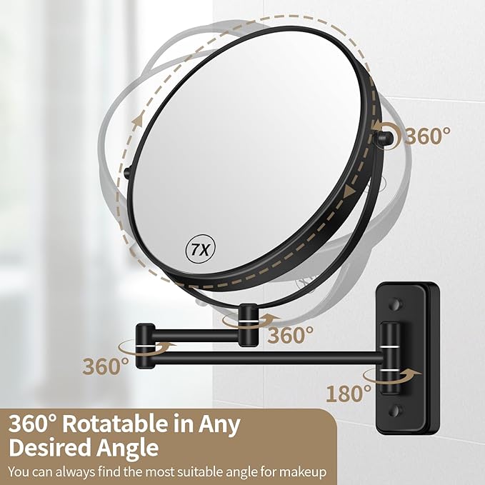 8” Wall Mounted Magnifying Makeup Mirror 1X/7X Wall Mount Mirror Swing Arm Two-Sided 360° Swivel Bathroom Shaving Mirror for Men and Women in Hotel/Home, Black