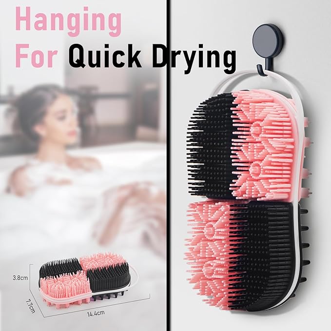 2 in 1 Silicone Body Hair Scrubber Upgraded Bristles Exfoliator Massage Shower Bathing Bath Women Brush Scrubbers for All Skin Body Wash (1pc Black + Pink)