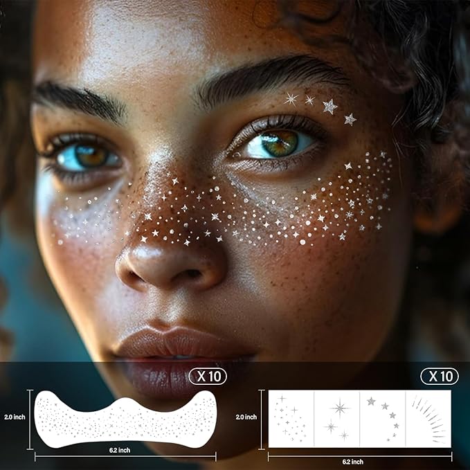 20 Pcs Silver Face Makeup Patches, Silver Glitter Freckles Face Tattoo, Easy Application Sparkle Makeup Freckles, Waterproof Glitter Freckles Patches for Women