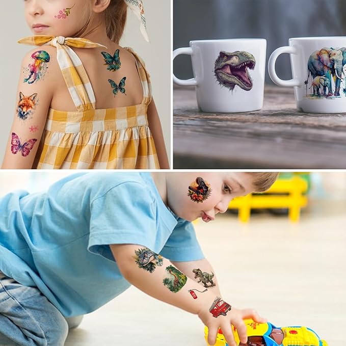 Temporary Tattoos for Kids - 320 Mixed Styles (36 Sheets) Tattoo Stickers Set for Boys and Girls, Car Dinosaur Hawaii Mermaid Watercolor Animals Tattoos for Kids Birthday Party Supplies