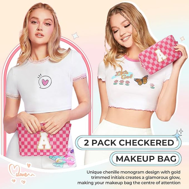 2PCS Checkered Makeup Bag for Women Personalized Initial Letter Makeup Bag Travel Toiletry Bag Organizer Cute Makeup Brushes Storage Bag Mother's Day Birthday Gift for Women (Letter K)