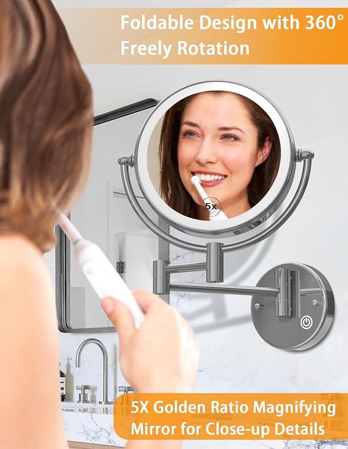Wall Mounted Lighted Makeup Mirror with Magnification 5X, Rechargeable Magnifying Shaving Cosmetic Mirror with Extendable Swing Arm for Bathroom, Touch Stepless Dimming, Chrome