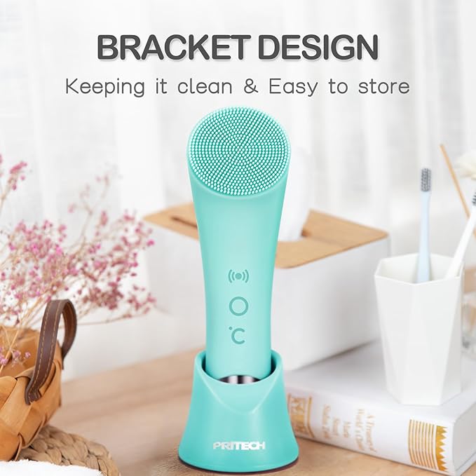 PRITECH Silicone Face Scrubber, Rechargeable Facial Cleansing Brush with Heat Massage End, Vibrating Exfoliator Scrubber for Deep Cleaning, Waterproof Face Brush for Women and Men (Green)