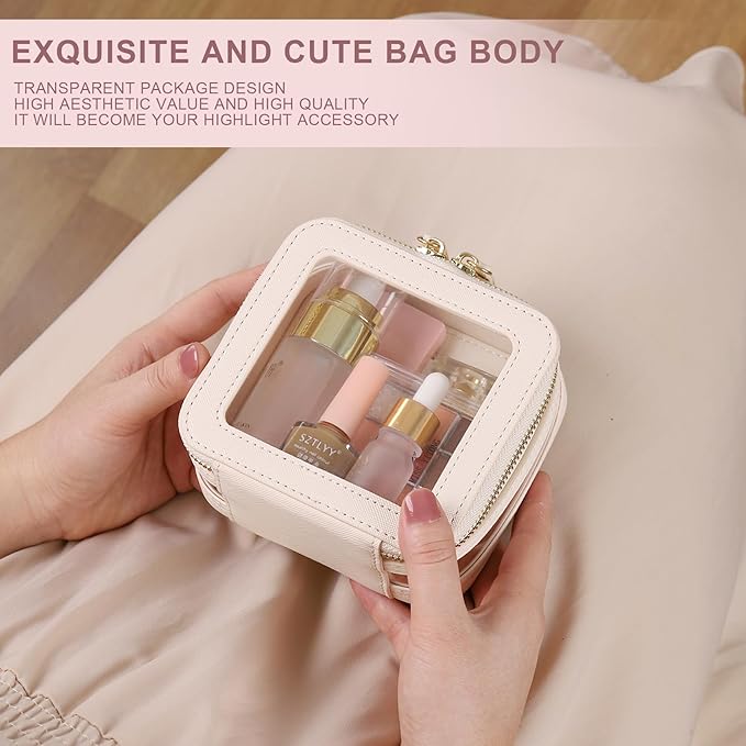 Pinkmik Clear Small Makeup Bag Mini Cosmetic Makeup Case & Toiletry Bag with Zipper,Cute Purse Organizer,Car Essentials for Women (Beige, MINI-2)
