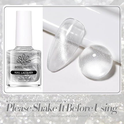 Born Pretty Cat Magnetic Eye Nail Polish, Silver Platinum Moonlight Quick Dry Sparkle Shimmer Glitter Nail Polish with Magnet 10ML