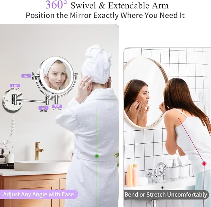Wall Mounted Makeup Mirror with Lights, 30X/1X Double-Sided Magnifying, Plug-in Lighted Vanity Mirror with 3 Color Modes, Dimmable Brightness, 360° Swivel Extendable Arm for Bathroom & Grooming
