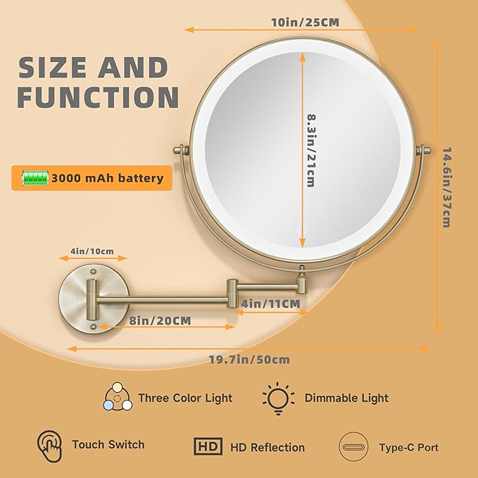 10" Wall Mounted Makeup Mirror with Light, 3000mAh Rechargeable Double Sided 1X / 10X Magnifying Vanity Mirror, 3 Color Lights Touch Dimmable 360° Rotation Bathroom Mirror, Nickel