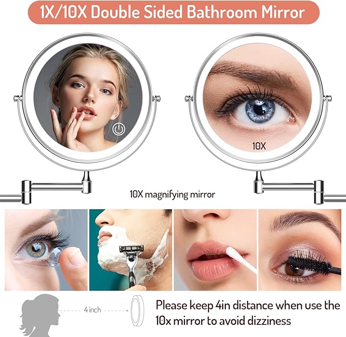 Rocollos Rechargeable Wall Mounted Lighted Makeup Mirror Chrome, 8 Inch Double-Sided LED Vanity Mirror 1X/10X Magnification,3 Color Lights Touch Screen Dimmable 360°Swivel 13 Inch Extendable