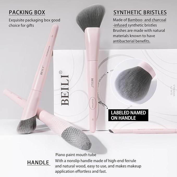 BEILI Makeup Brush Set, Pink Makeup Brush Set, 12 Vegan Makeup Brushes for Powder Foundation, Concealer, Eyebrows, Eyeshadow, Contour, Eyeliner, Blender Eye Brush