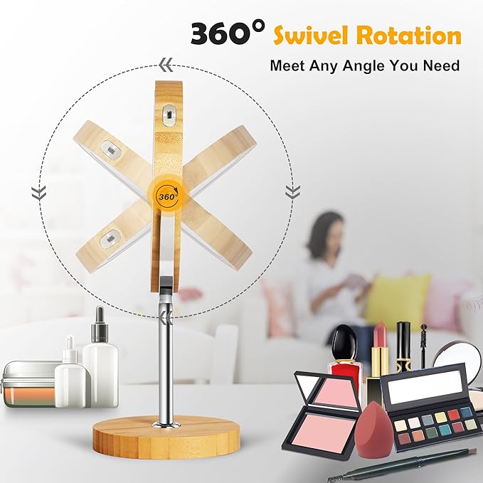 8" Lighted Makeup Mirror with Bamboo Stand, 1X/10X Double Sided Magnifying Vanity Mirror with Lights, 3 Colors Dimmable Lightning, Gifts for Women Mom Teen Girls