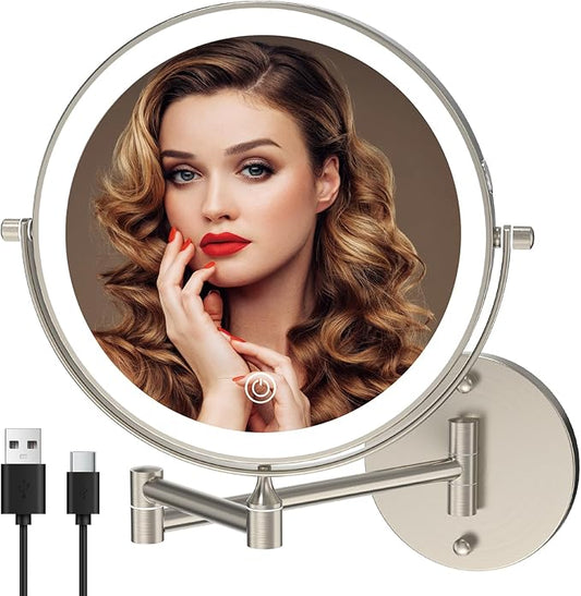 Rechargeable Wall Mounted Lighted Makeup Vanity Mirror 8 Inch Double Sided 1X 10X Magnifying Bathroom Mirror, 3 Color Lighting, Touch Screen, 360 Rotation, Shaving Mirror Brushed Nickel
