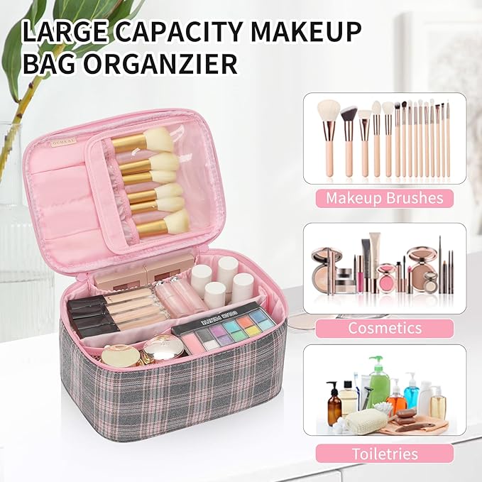 OCHEAL Makeup Bag for Women - Travel Cosmetic Organizer with Brush Slot & Divider, Large Capacity Toiletry Bag for Girls, Travel Makeup Case for everyday Make up Accessories -Pink Plaid