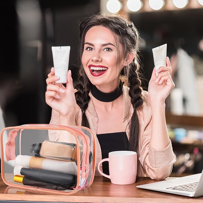 Weewooday 12 Pieces Clear Makeup Bags Cosmetic Storage Bags PVC Zipper Pouches Travel Waterproof Makeup Plastic Case for Women Organizing Toiletries Traveling Bathroom(Medium,Pink)