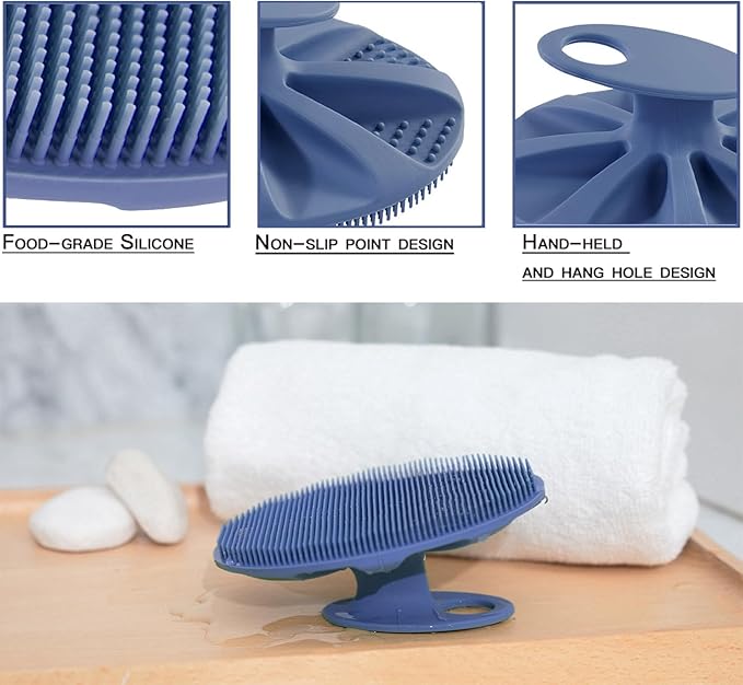Food-Grade Soft Silicone Body Cleansing Brush Shower Scrubber, Gentle Exfoliating and Massage for All Kinds of Skin (Dark Blue)