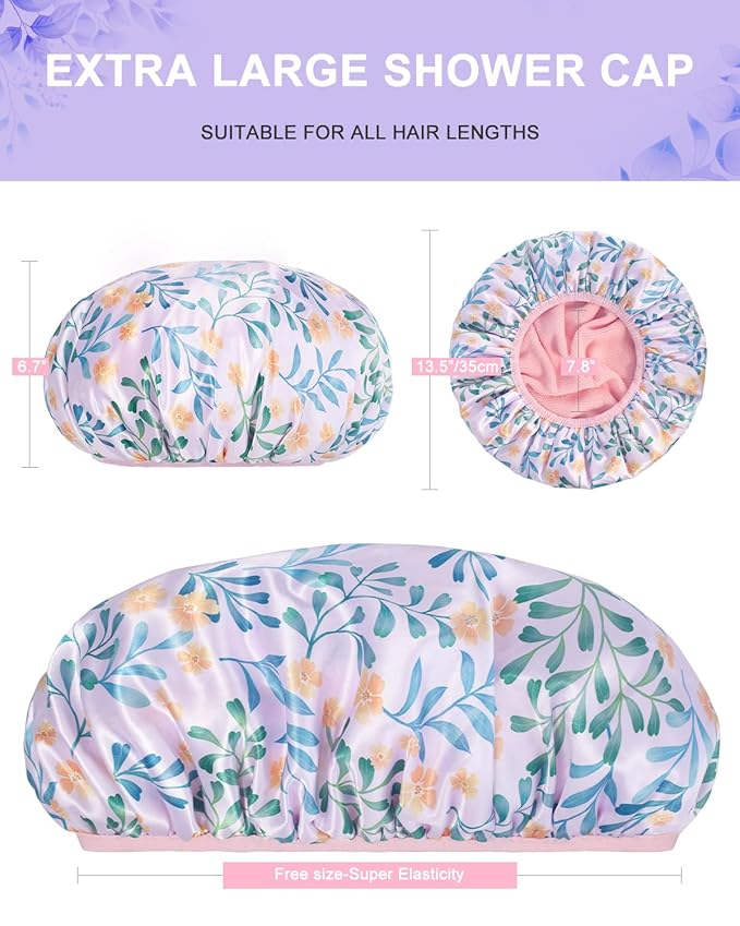 Shower Cap, Terry lined Reusable shower caps, Waterproof Large Shower Cap for Women, Hair cap Triple Layer Shower Caps for Long Thick Hair