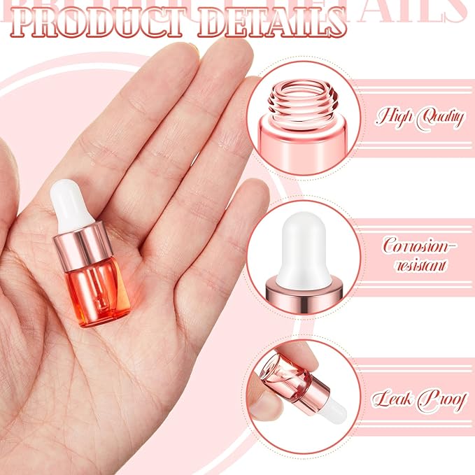 100 Pcs Mini Glass Oil Dropper Bottle Bulk, Clear Essential Small Empty Bottles Sample Containers Perfume Liquid Vials with Cap for Traveling (2 ml,Pink Body)