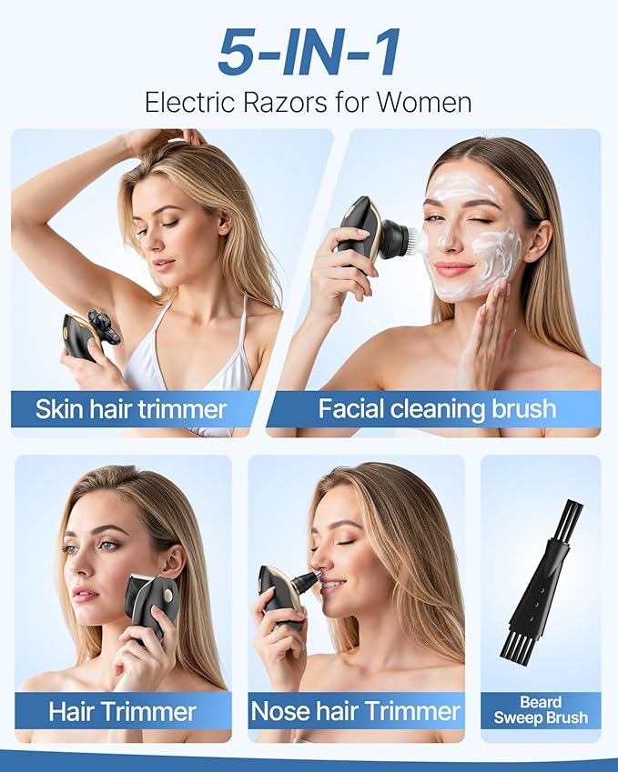 Electric Razors for Women, 5-in-1 Rechargeable Body Shaver - Waterproof Wet Dry Hair Remover - Trimmer for Lady Face Underarms Legs