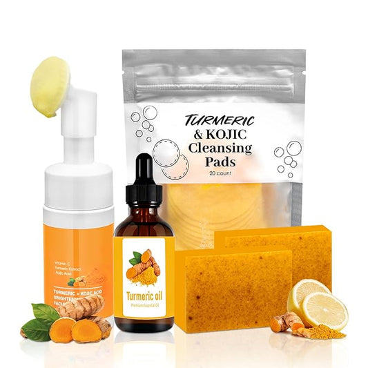 Turmeric Wash and Care 4 Piece Set,Turmeric Skincare Set: Turmeric Facial Cleanser,Cleansing Pad,Soap bar & Essential Oil, Deep Cleansing for Face & Body