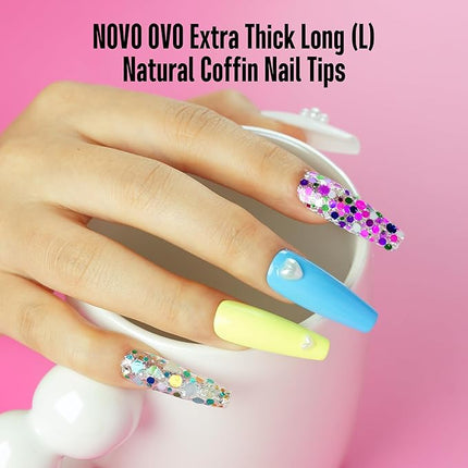 NOVO OVO Long Coffin Nail Tips NATURAL (Not SCULPTED) for Flat Nail Beds, Extra Thick L Length False Nails Press on, Full Cover Soft Gel Fake Nail Extension, Salon DIY x 15 Sizes 450 pcs