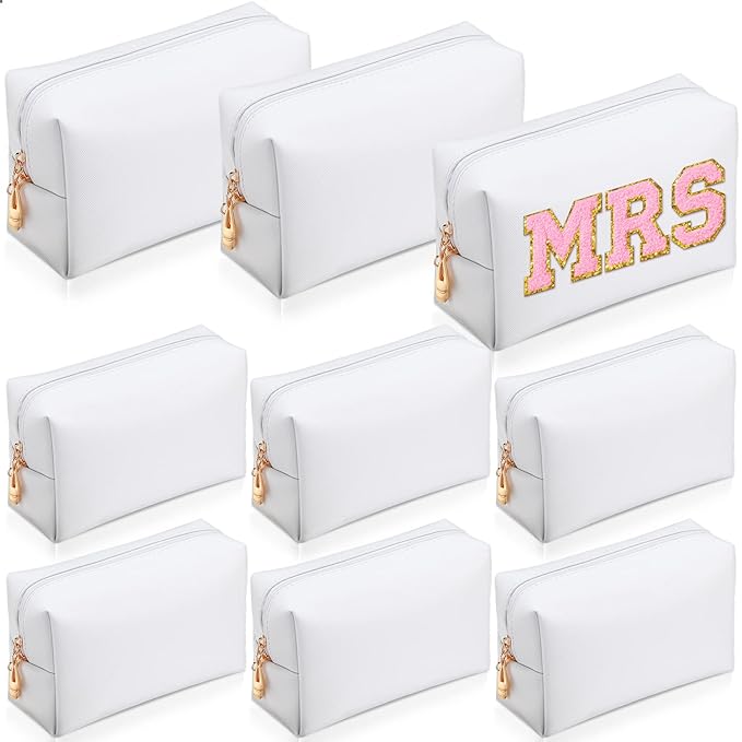 Sanwuta 9 Pcs Makeup Bags Bulk PU Double Zippers Cosmetic Bag Makeup Toiletry Pouch Portable Travel Organizers Case for Women Bachelorette Party End of The Year Bridesmaid Gift(White)