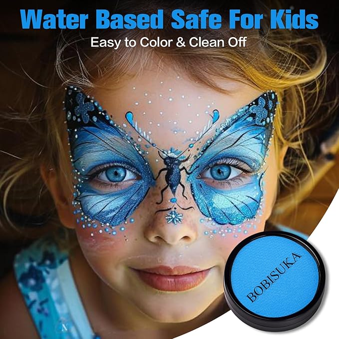 BOBISUKA Sky Blue Face Body Paint, Water-Based Face Painting Kit & Body Paints, Kids Adults Facepaint for Halloween Stitch Mermaid Sally Corpse Bride Emo Makeup, Costume Cosplay Party Theater & Stage