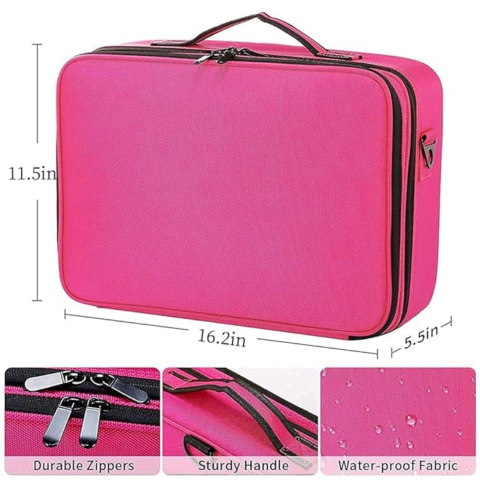 gzcz Large Capacity 16.5 inches Professional Travel Makeup Train Case Portable Artist Cosmetic Brush Organizer Storage Bag With Adjustable Dividers And Shoulder Strap for Toiletry Jewelry （Rose Red）