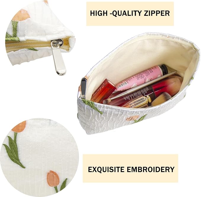 2 Pcs Makeup Bags, Large Cosmetic Bag Travel Toiletry Bag Organizer for Women, Embroidery Craft, Floral Makeup Bag Small Cosmetic Pouch Purse with Zipper Gifts for Girls Teen