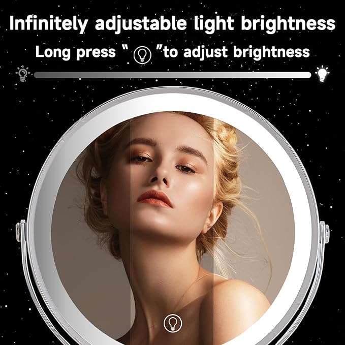 1X/10X Magnifying Makeup Mirror with Lights - 9" Large Dual-Sided Vanity Mirror with 3 Color Lights for Women's Travel Cosmetic Mirror | 3000 mAh-USB Rechargeable | 360° Rotation | Adjustable Height