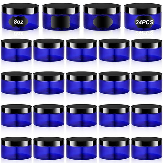 Dandat 24 Pcs 8 oz Plastic Jar Container with Lid and Label Refillable Empty Round Blue with Black PET Cosmetic Sample Containers for Lotion, Cream, Ointments, Body Butter, Makeup, Travel Storage