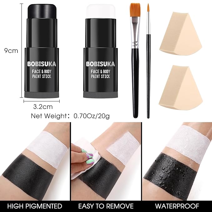 BOBISUKA Black & White Painting Kit - 2 Face Body Paint Sticks with 2 Paintbrushes & 2 Sponges Halloween Makeup Set for Clown Skeleton Skull Cosplay Special Effects Costume SFX , Eye Black for Sports