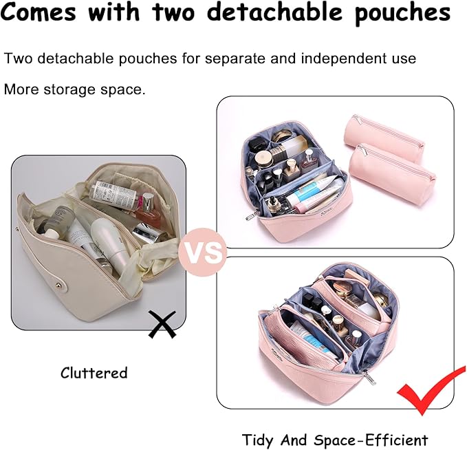 BOYATU Travel Makeup Bag for Women: Cosmetic Organizer Bag with Compartments - Leather Make up Bags Set of 3 (Pink)