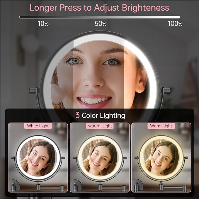 FUNTOUCH Rechargeable Wall Mounted Lighted Makeup Vanity Mirror 8 Inch Double Sided 1X 10X Magnifying Bathroom Mirror, 3 Color Lighting, Touch Dimming, Extended Arm 360 Rotation Light up Mirror Black