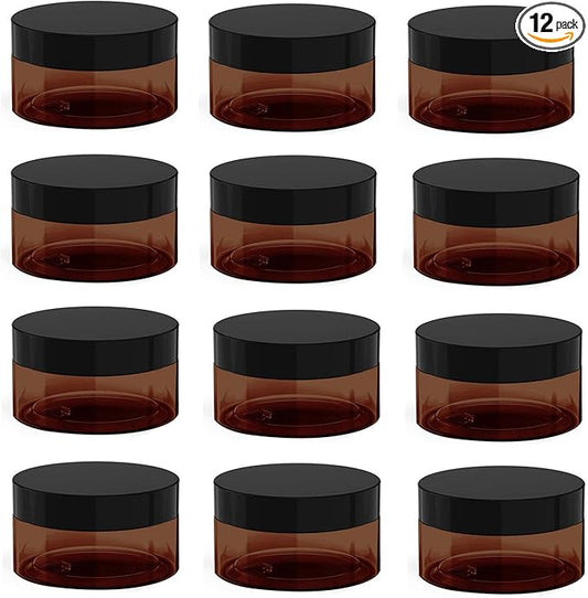 1 oz Amber Plastic Cosmetic Jars Leak Proof Container with Black Lid for Cream, Lotion, Powder, ointment, Beauty Products etc, 12 Pcs.