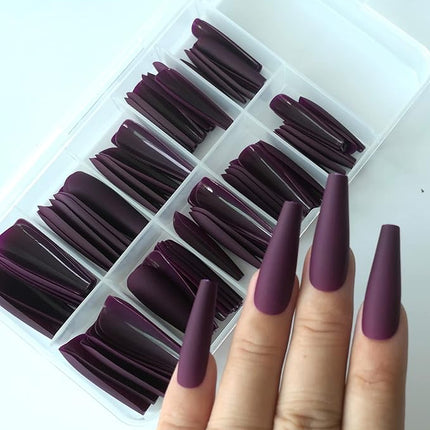 LoveOurHome 100pc Matte Coffin Press on Nails Long Ballerina Fake Nails Full Cover Colored False Artificial Fingernails Manicure Decor 10 Sizes for Women Teen Girls (Dark Magenta)