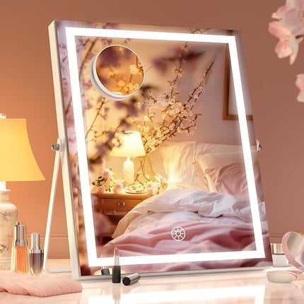 Hasipu Vanity Mirror with Lights, 11.4" x 13.8" LED Makeup Mirror with 10X Magnification, Smart Touch 3 Colors Dimmable, Brightness Adjustment, 360° Rotation, White