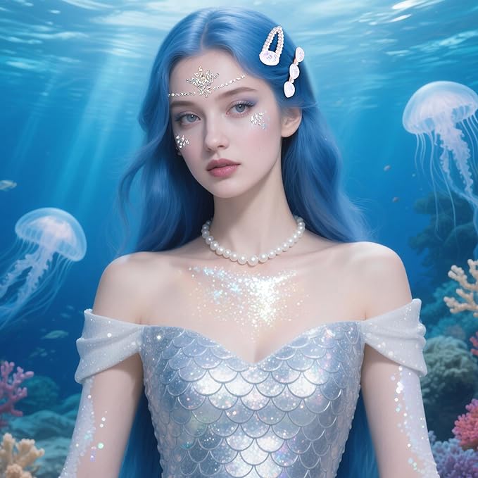 Wehhbtye 7 Pcs Mermaid Hair Clips Face Gems Glitter, Starfish Hair Clip Glitter Stickers and Gel, Mermaid Costume Accessories Set for Women Girl Cosplay Halloween Beach Theme Party Supplies