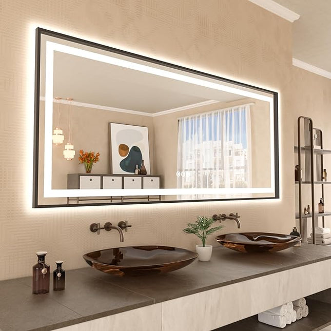 Amorho LED Bathroom Mirror, 88" X38" Front Light and Backlit with Black Frame, Stepless Dimmable, Anti-Fog, Shatter-Proof, Memory, 3 Colors, Double LED Vanity Mirror
