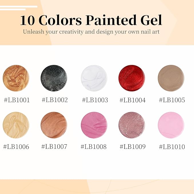 JODSONE Nail Art Gel Liner Set 10 Colors Glitter Red Black Pink Gel Nail polish Need U V Lamp Cured with Thin Brush at Home Salon Design