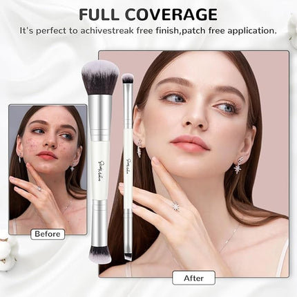START MAKERS 2-in-1 Makeup Brushes Dual-ended Contouring Foundation Brush 2 Pack Concealer Brush Face Eyebrow Eyeshadow Brush for Liquid, Powder, Buffing, Blending (White)