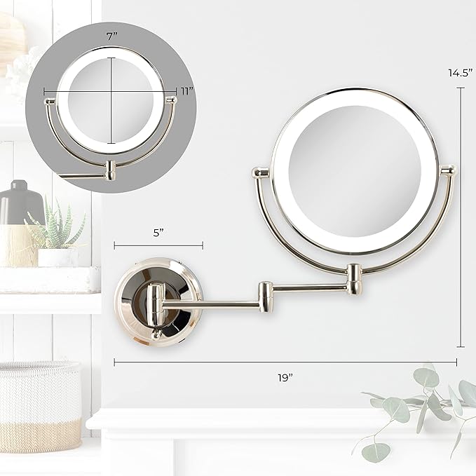 Zadro 11" LED Wall Mounted Makeup Mirror 5X/1X Shaving Mirror Plug in or Battery Operated Vanity Mirrors for Wall (Large | 5X/1X | 11" x 14.5", Polished Nickel)