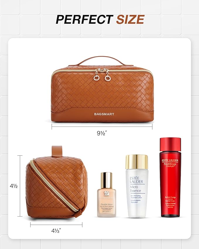 BAGSMART Makeup Bag, Travel Cosmetic Bag Organizer, PU Leather Water-Resistant Pouch, Open Flat Makeup Storage for Toiletries, Brushes, PU Leather Brown