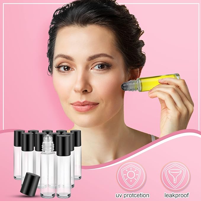 Sumind Essential Oil Roller Bottles - 250 Pcs, 10 ml Glass, Stainless Steel Roller Balls, Leakproof, Funnel Included(Clear)