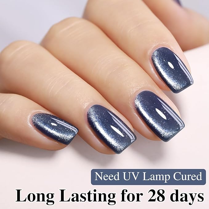 Double Rhythm 0.5 OZ Cat Eye Gel Polish with Magnet 15ML Holographic Glitter Shimmer Translucent Jelly Color Magnetic Polish Salon DIY at Home (Dark Blue-MC1044)