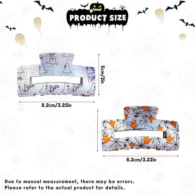 2Pcs Halloween Hair Clips for Women, Cute Spider Web Ghost Hair Claw Clips, White Square Hair Barrettes, Large Hair Claw, Nonslip Claw Clips, Halloween Hair Accessories for Hair Styling, Decorations