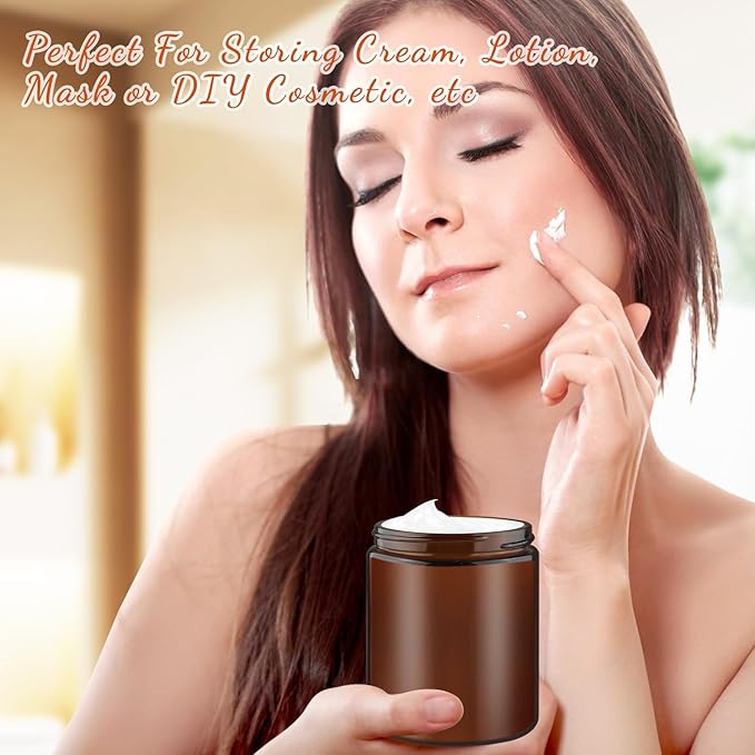 8 Pcs Amber Glass Cream Jar Refillable Empty Cosmetic Storage Bottle Sample Container Pot with Black Lids for Make Up Lotion Face Cream - 270ml/9oz