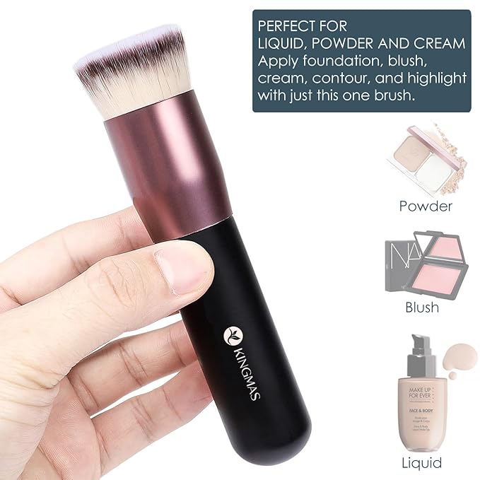 KINGMAS Flat Top Foundation Brush, Premium Kabuki Makeup Brush for Liquid, Blending, Cream, Powder,Blush Buffing Stippling Face Makeup Tools (Black, A (Flat Top))