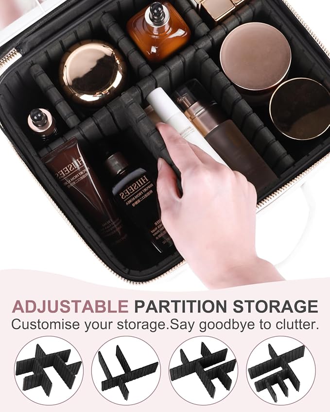 Makeup Bag with LED Mirror, Makeup Organizer Train Case with 1X,2X,3X Vanity Mirror, Adjustable Brightness in 3 Color Settings, Portable Make up Bag with Brush Holder & Storage Dividers, White