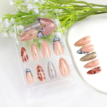 French Tips Press on Nails Almond Medium Fake Nails with Stripe 3D Gold Pearl Glitter Designs Brown Blue Acrylic Nail Glossy Nude Fall Winter Nails Press ons Cute Stick on Nail for Women 24 Pcs
