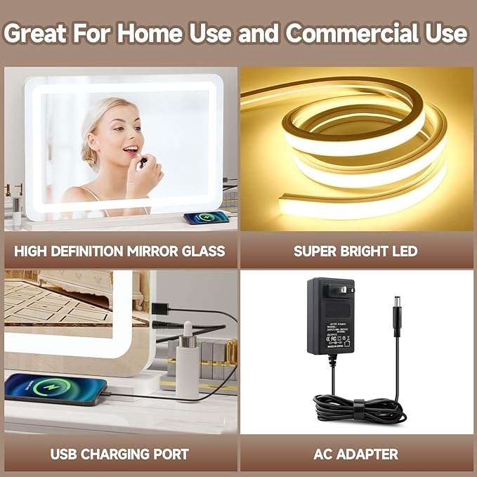 Large Vanity Mirror with Lights 32"x22", Lighted Makeup Mirror, Wall-mounted Hollywood Mirror, Touch Sensor, 3-Color Lighting, 5X Magnification, USB Port for Vanity Desk Tabletop, Bedroom, Salon