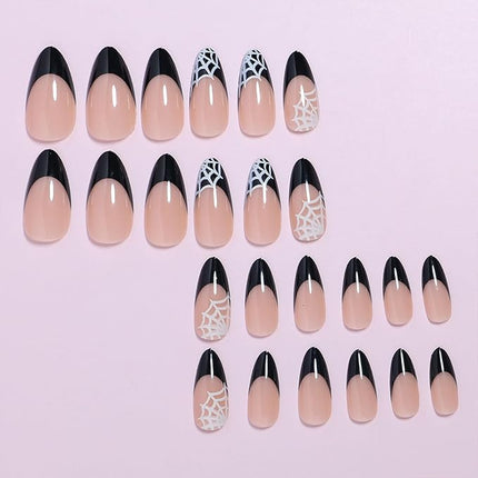 Almond Press on Nails Medium Length Black French Tip Halloween Fake Nails Full Cover Acrylic Nails Glue on Nails with Spider Web Design False Nails Glossy Stick on Nails for Women Girls 24 Pcs